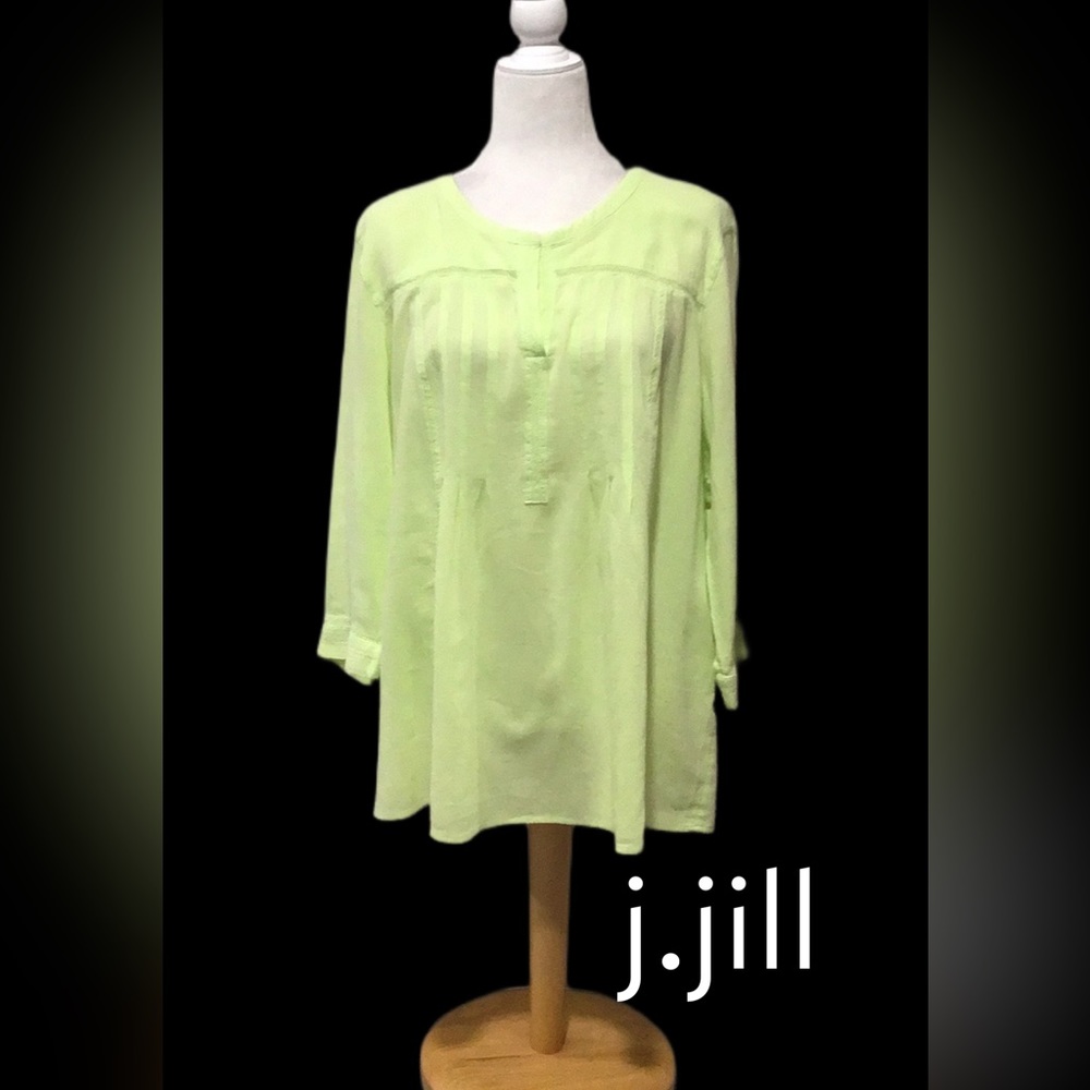 j.jill Loose Fitting Tunic Blouse, Pleated Front, Yellow-Green, Cotton,‎ Size L